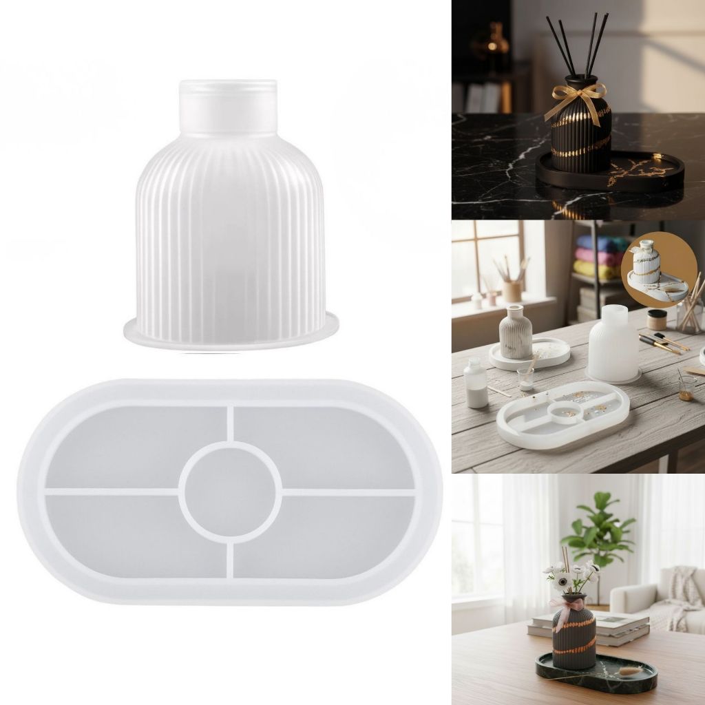 Kit Forma Silicone Vaso Texturizado + Bandeja Apoio Oval Média Para Resina Gesso Cimento em Oferta na Shopee