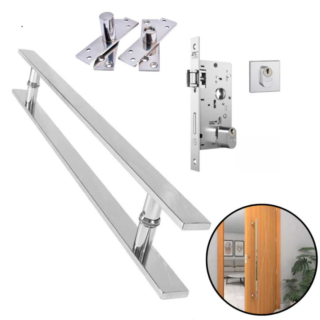 Kit Porta Pivotante Puxador 1 Metro + Fechadura Rolete Stam + Dobradiça Pivotante 150kg Inox Polido Brilhante