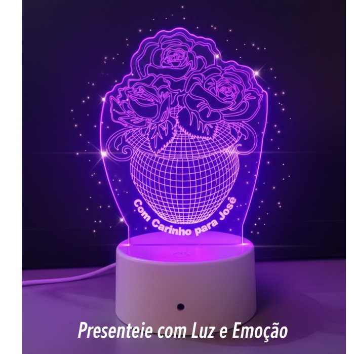 Luminaria vaso com flores personalizada para quarto  em acrilico de 3mm com base de led RGB