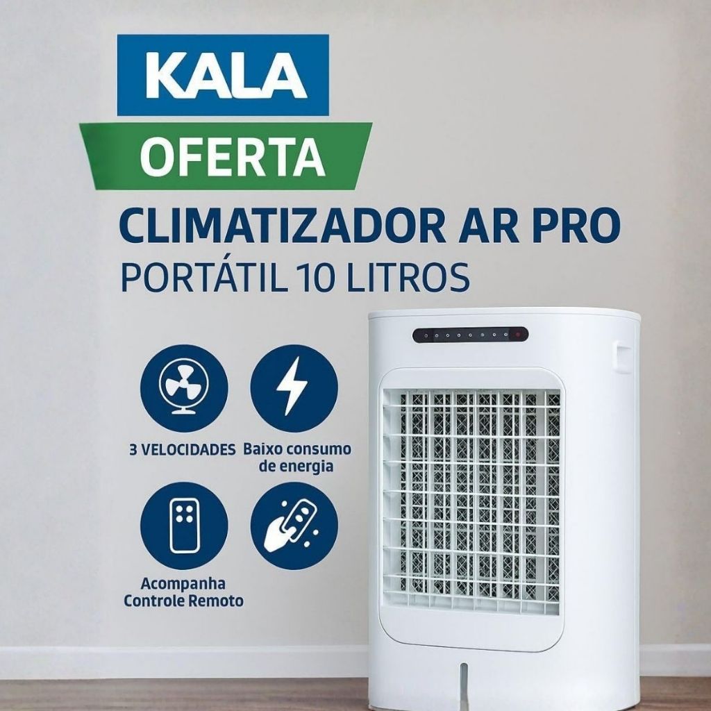Climatizador de Ar Kala 10L Portátil, 3 Velocidades, Baixo Consumo, Oscilação