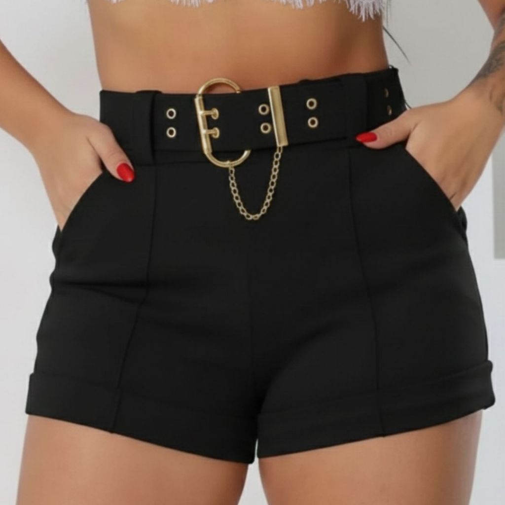 Short Cinto Grosso Cintura Alta em Lycra | Modelagem Estruturada em Oferta na Shopee