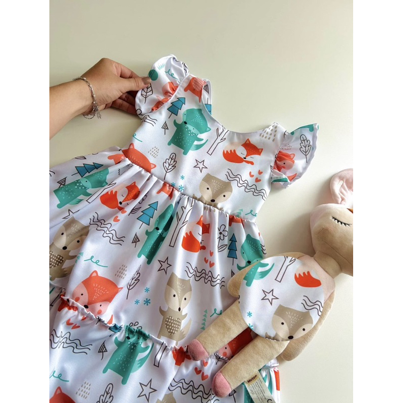 Vestido Verão Infantil Menina Estampa Bosque + Vestido para Boneca – Com Laço nas Costas – Tamanhos 2, 4 e 8