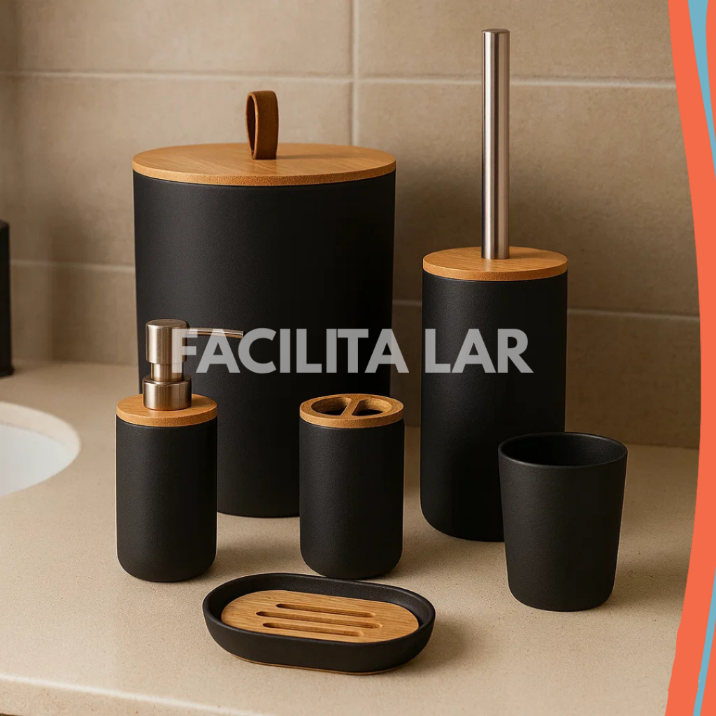 Conjunto para Banheiro 6 Peças em Bambu e Plástico PP – Elegância e Organização em Oferta na Shopee