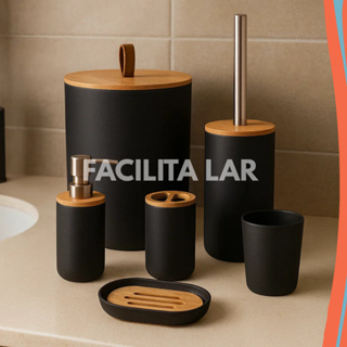 Conjunto para Banheiro 6 Peças em Bambu e Plástico PP – Elegância e Organização em Oferta na Shopee