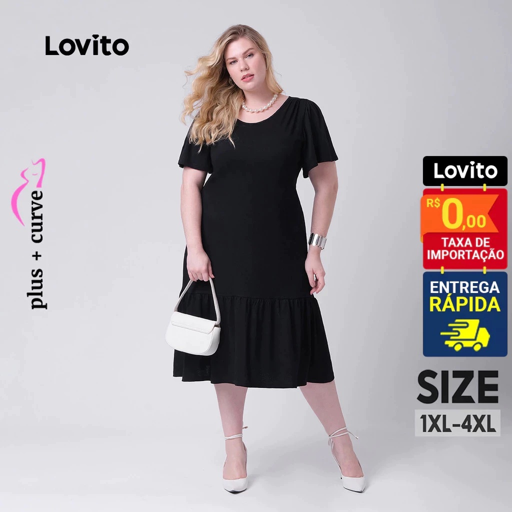 Lovito Vestido Midi Manga Curta com Babados Moda Plus Size DRB73BRL102 em Oferta na Shopee