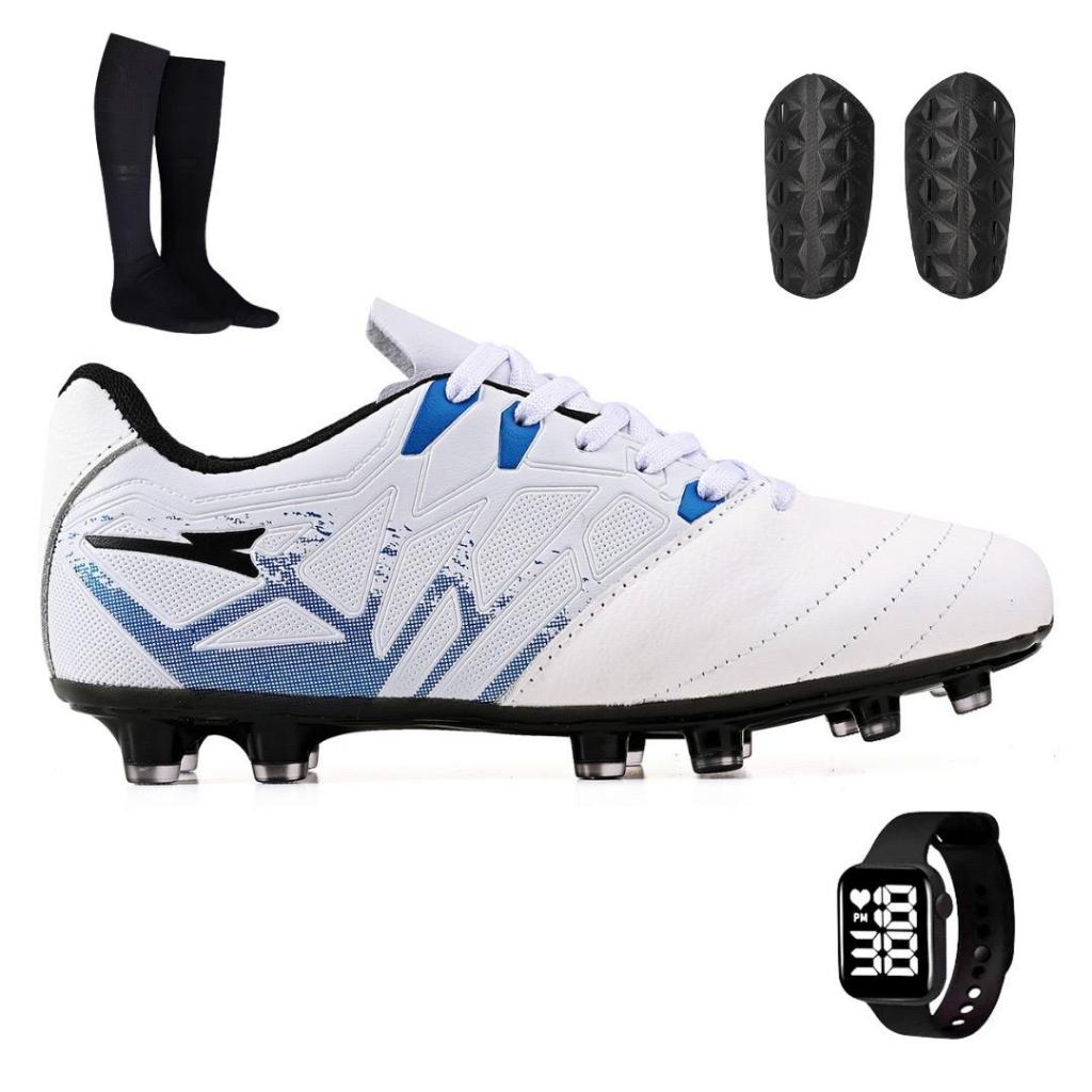 Kit Chuteira Futebol Profissional Masculina de Couro Trava + Caneleira + Meião+ Relógio