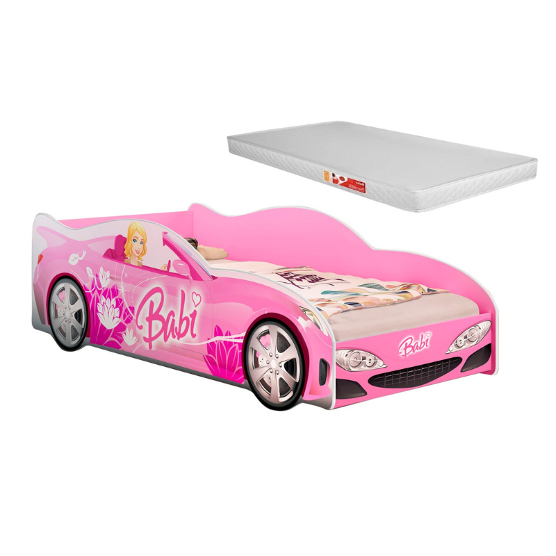 Cama Carro Mini Infantil Feminina Menina em MDF Adesivado Tematica Personagens Divertidos Colchão Incluso – AV
