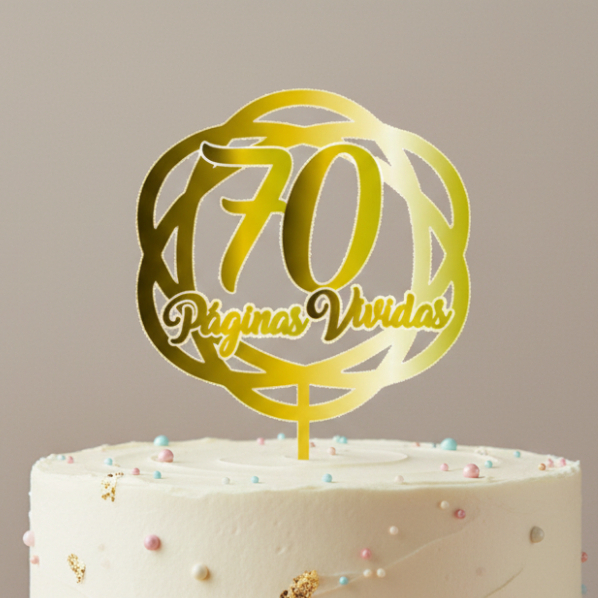 Topo de Bolo Dourado 70 anos Enfeite bolo Topper Bolo Aniversário Adulto Idoso Festa Comemoração
