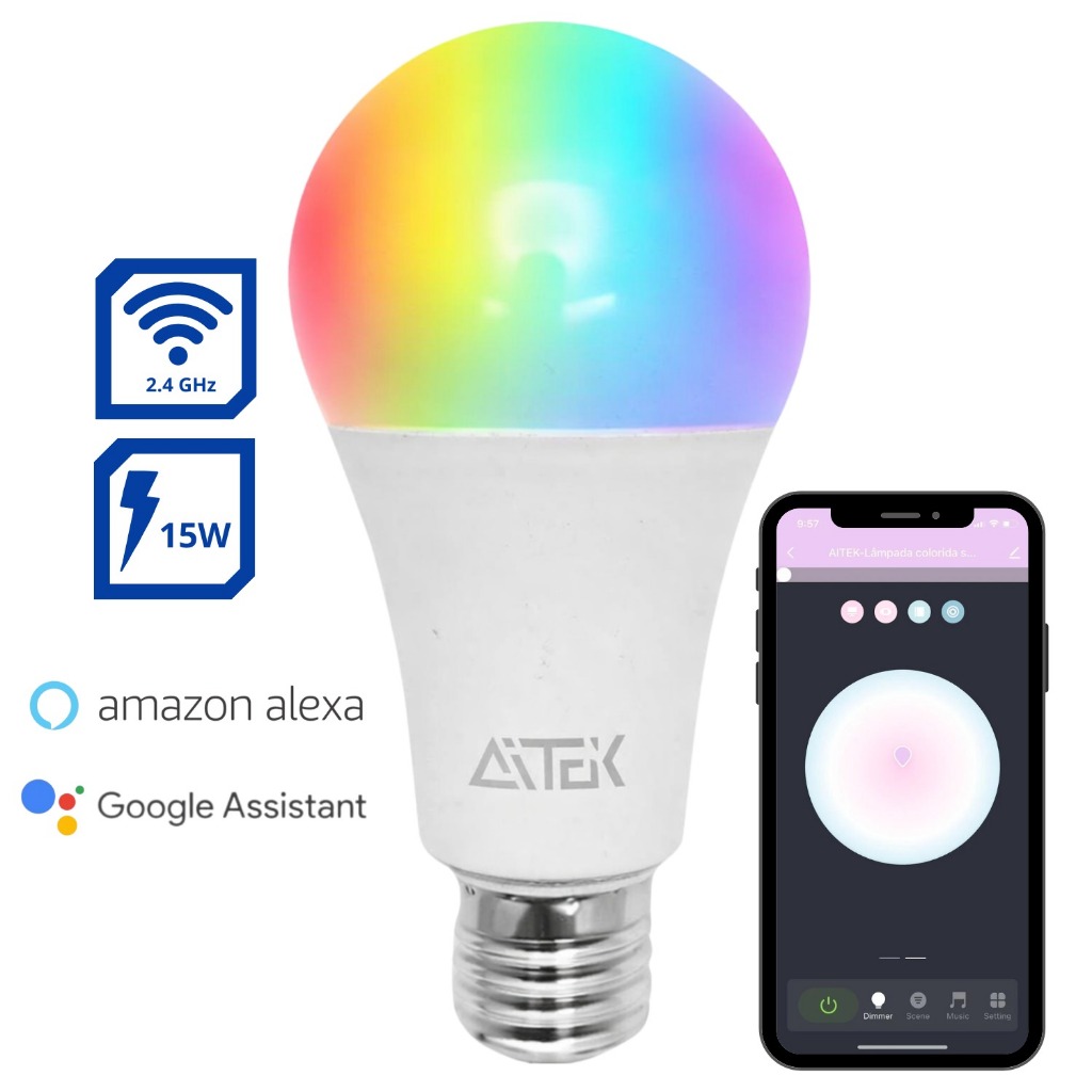 Lâmpada LED Inteligente WiFi 15W RGB Bivolt Compatível com Alexa e Google Controle por Voz e App