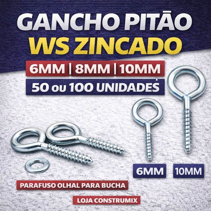 Kit Pitão Gancho WS Zincado  para Fixação de Bucha 6, 8 ou 10mm | 50 ou 100 Unidades em Oferta na Shopee