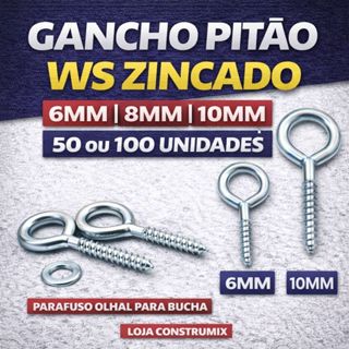 Kit Pitão Gancho WS Zincado  para Fixação de Bucha 6, 8 ou 10mm | 50 ou 100 Unidades em Oferta na Shopee