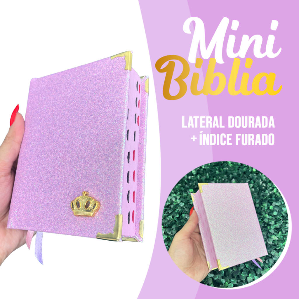 Mini Bíblia Feminina Glitter Rosa Claro De Bolsa Índice Versão Arc Capa Dura HDC