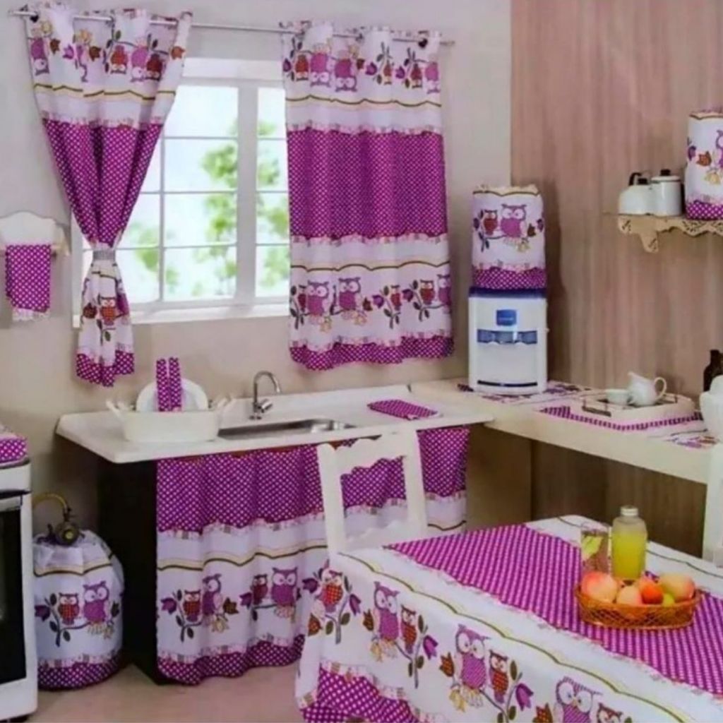 Kit Jogo de Cozinha Tergal 10 Peças Estampas Variadas com Cortina Capas e Toalhas Decoração