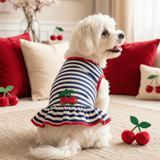 Vestido Pet Listrado C/ aplique de Cereja Verão luxo para cachorro e gato