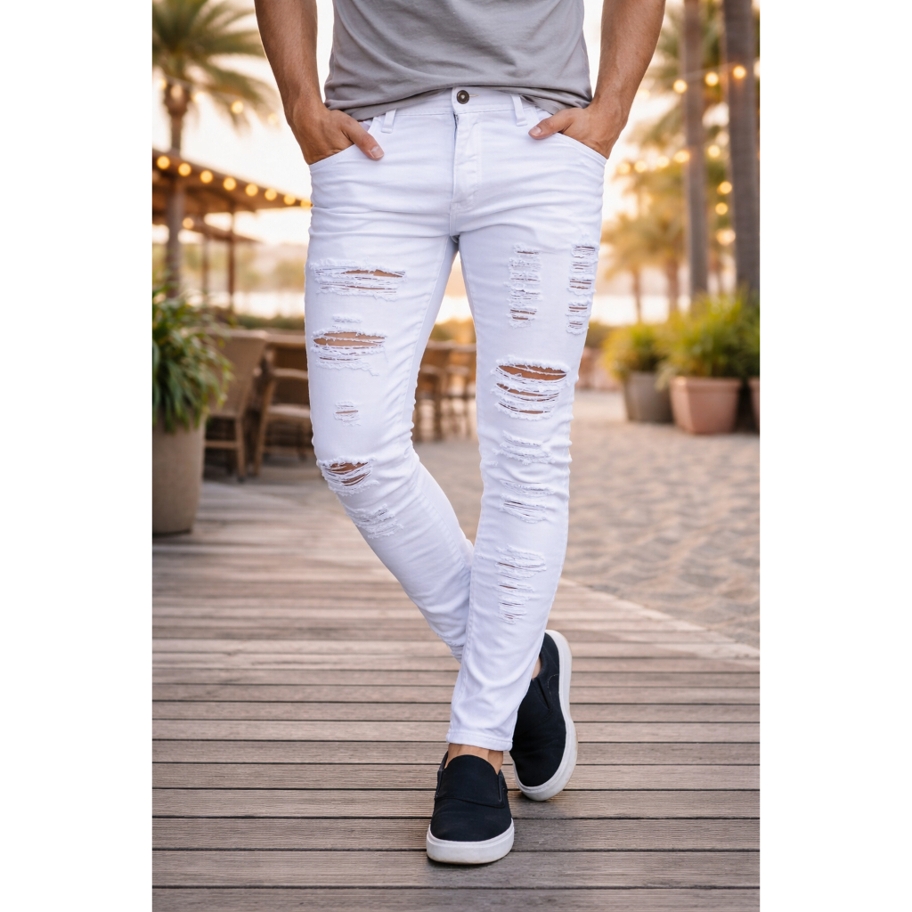 Calça Jeans Branca Skinny Masculina Rasgada