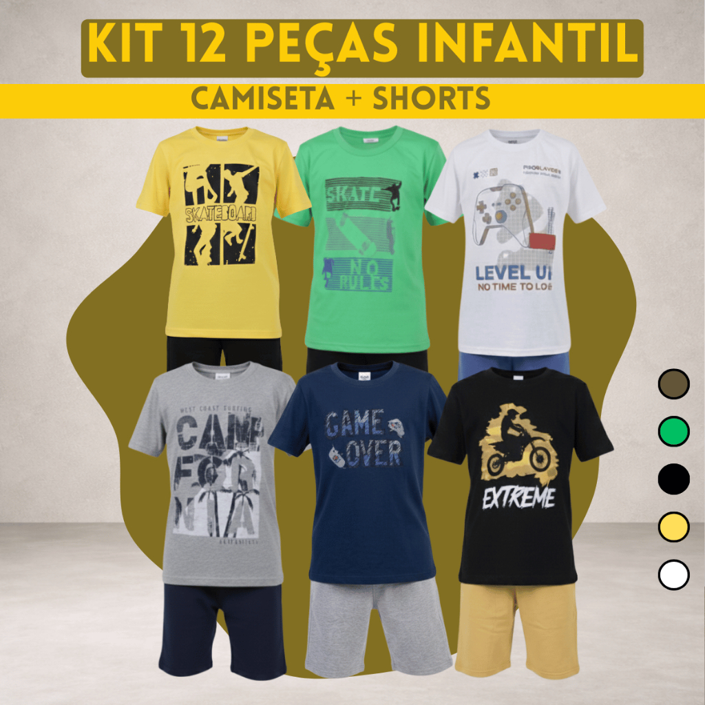 Kit 6 Conjunto Infantil Shorts + Blusa Masculino 10 12 14 Calor Praia Passeio Criança Premium Top