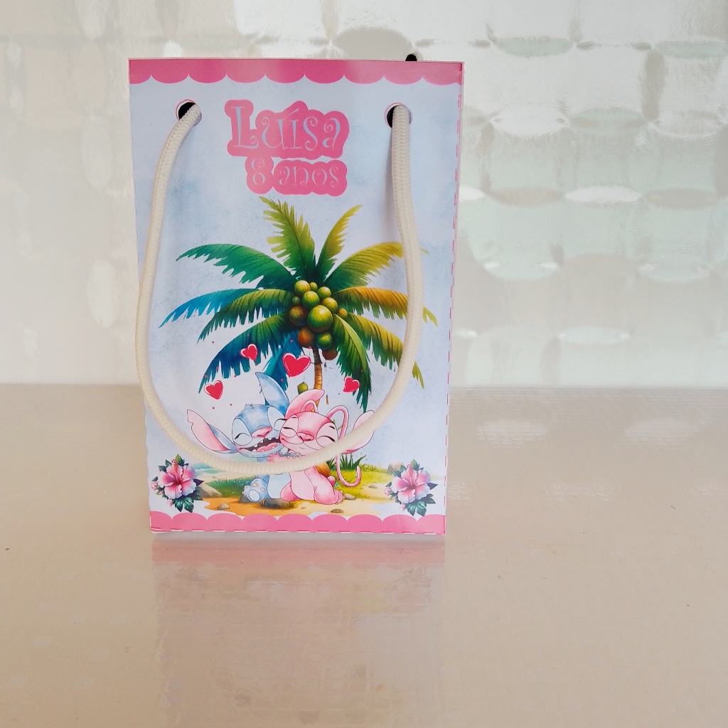 Sacolinha Stitch e Angel Aquarela PEGUE E MONTE  Personalizada Kit 10 – Lembrancinha Festa Infantil