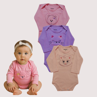 Kit 4 Peças de Bodys bebê bordados - manga longa - Suedine 100% Algodão - Menina - Menino - unissex em Oferta na Shopee