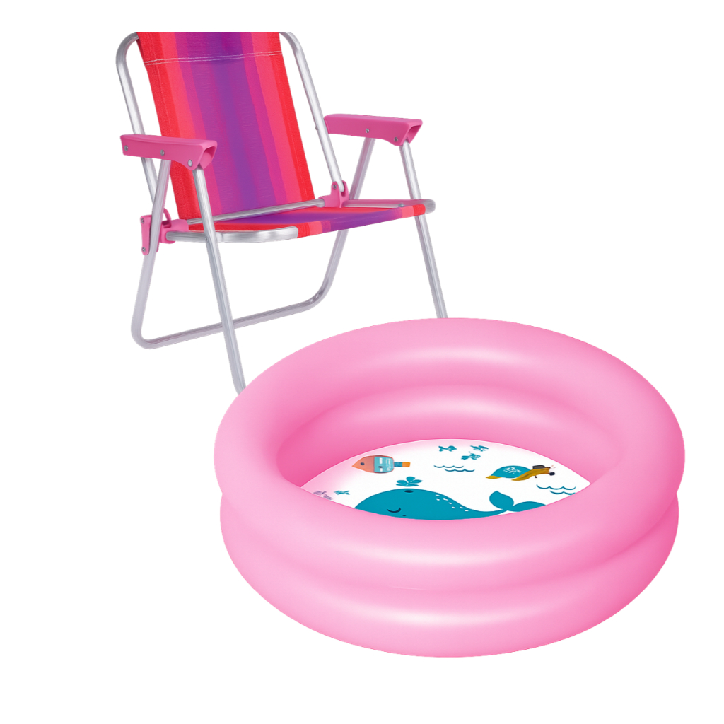 Cadeira Praia Infantil + Piscina Inflável Redonda Crianças Areia Diversão Kit Completo Prático