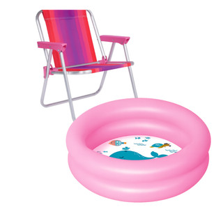 Cadeira Praia Infantil + Piscina Inflável Redonda Crianças Areia Diversão Kit Completo Prático