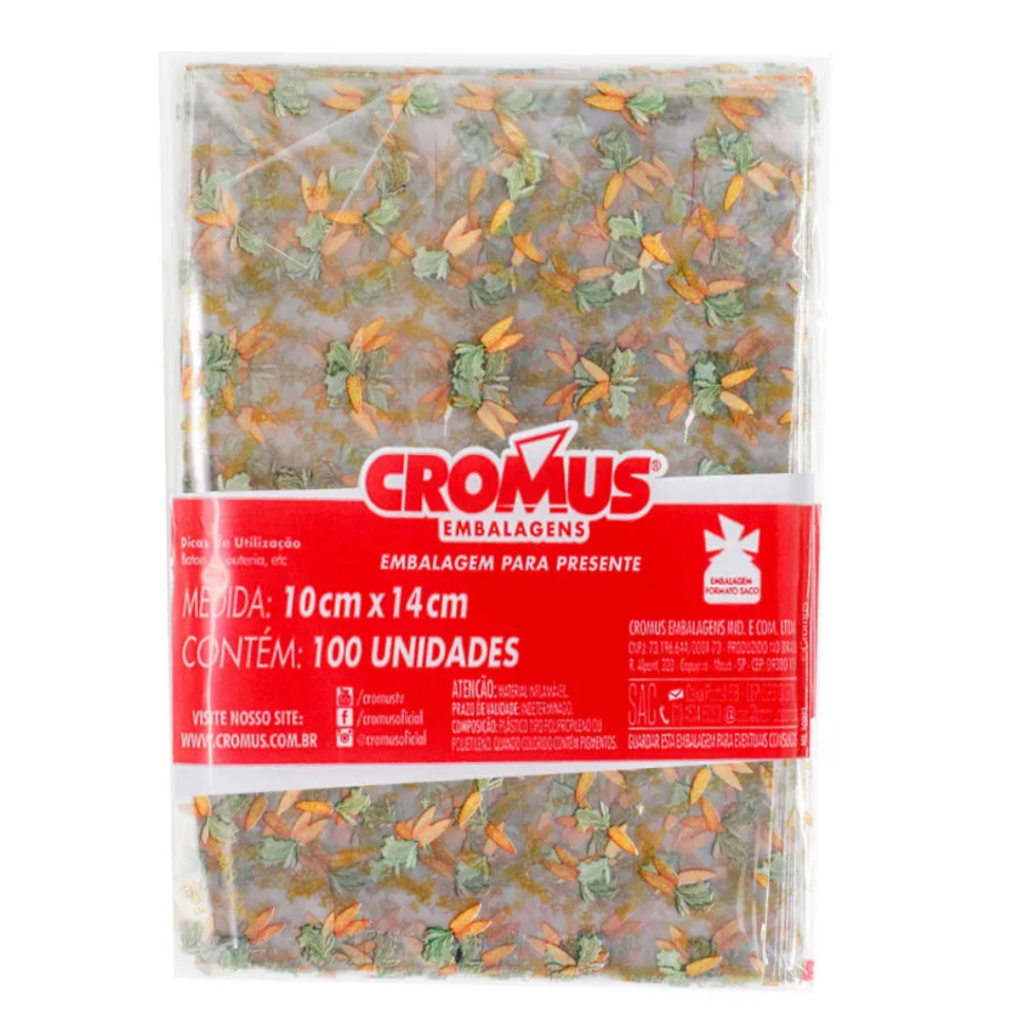 100 un Saquinho Páscoa Cromus 10x14 cm Transparente Coelho Chocolate Cenoura Estampas Variadas