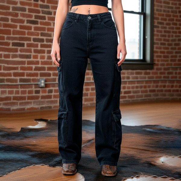 Calça Jeans Feminina Cargo Levanta Bumbum Cintura Alta Grossa Soltinha Skate Bolsos Barra Larga Top