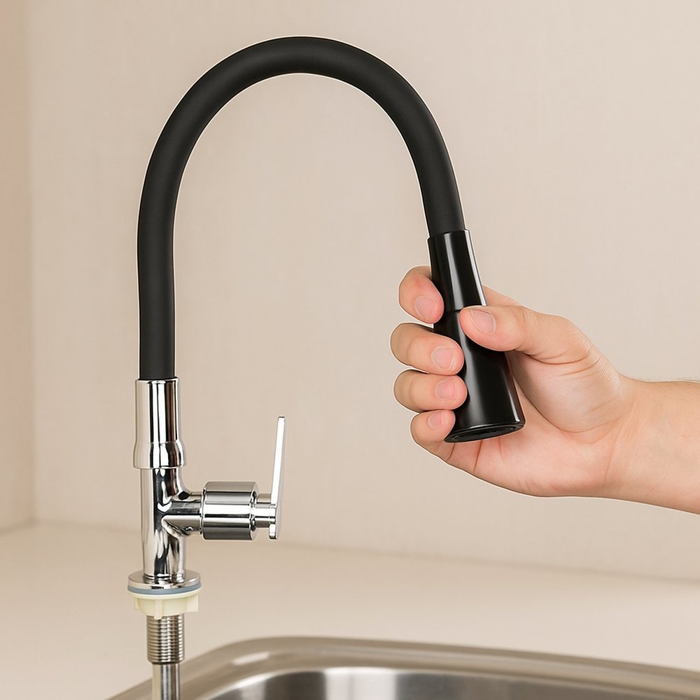Torneira de Pia Mesa Bancada Barata Fria 2 Saídas Flexivel Silicone com Ducha Para Cozinha Churrasqueira Preta Fosco