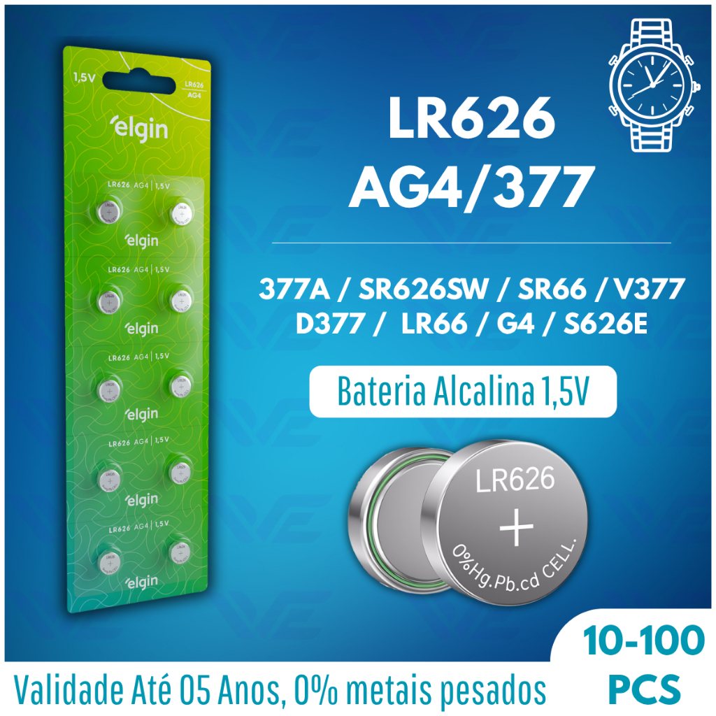 Bateria Pilha P/ Relógio de Pulso LR626 AG4 1.5 V Cartela c/ 10 Elgin (Escolha a quantidade) Bateria Pilha P/ Relógio de Pulso LR626 AG4 1.5 V Cartela c/ 10 Elgin (Escolha a quantidade)