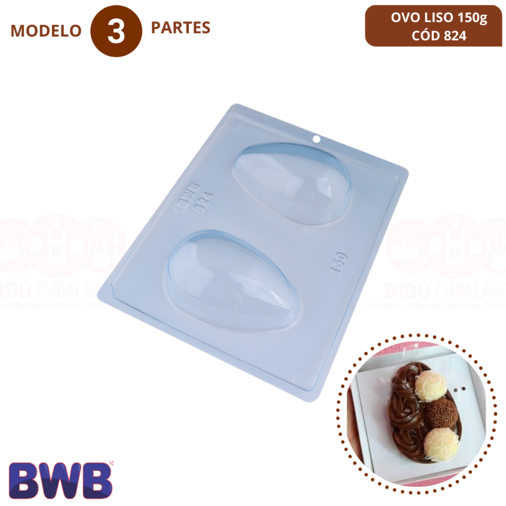 Forma BWB Com Silicone (3 partes) Para Chocolate Cód. 824 - Ovo Liso 150g. Páscoa em Oferta na Shopee