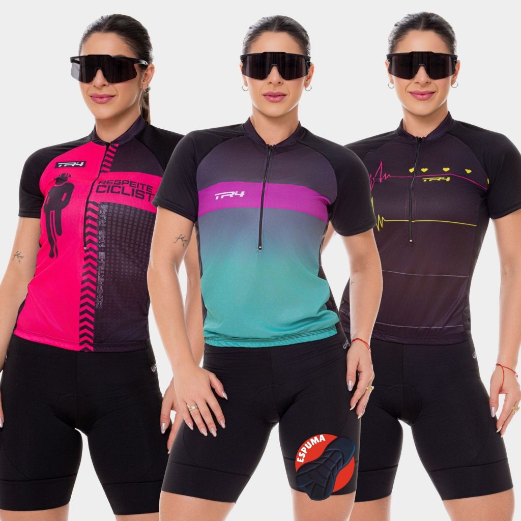 Kit Conjunto de Ciclismo Feminino Camisa Manga Curta e Bermuda Short Espuma Roupa Bike Pedal Mtb