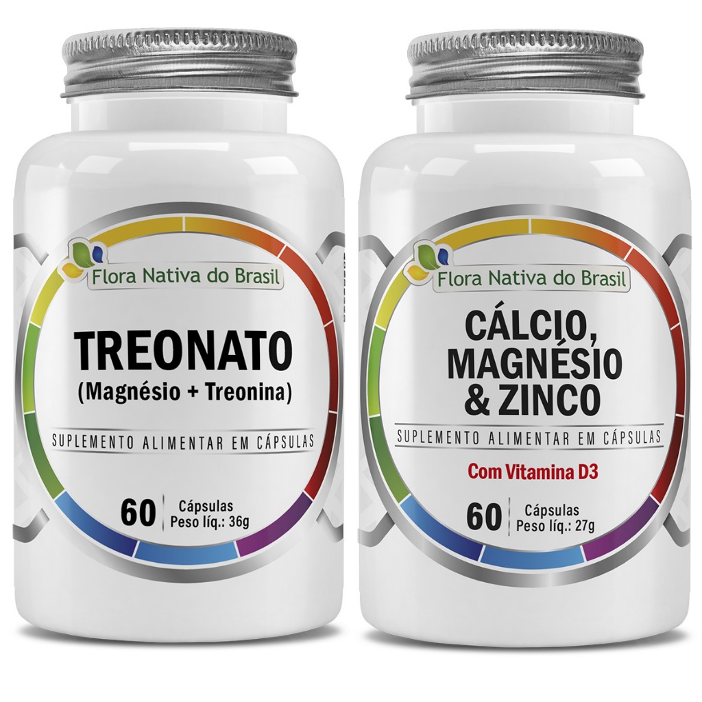 Kit Magnésio L Treonato 60 Caps  + Cálcio Zinco Magnésio Vitamina D3 60 Caps Flora Nativa