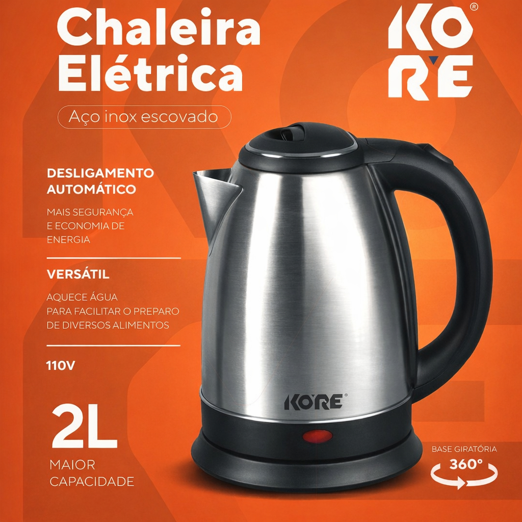 Chaleira Elétrica 2L Desligamento Automático 110V Aço Inox Água Quente