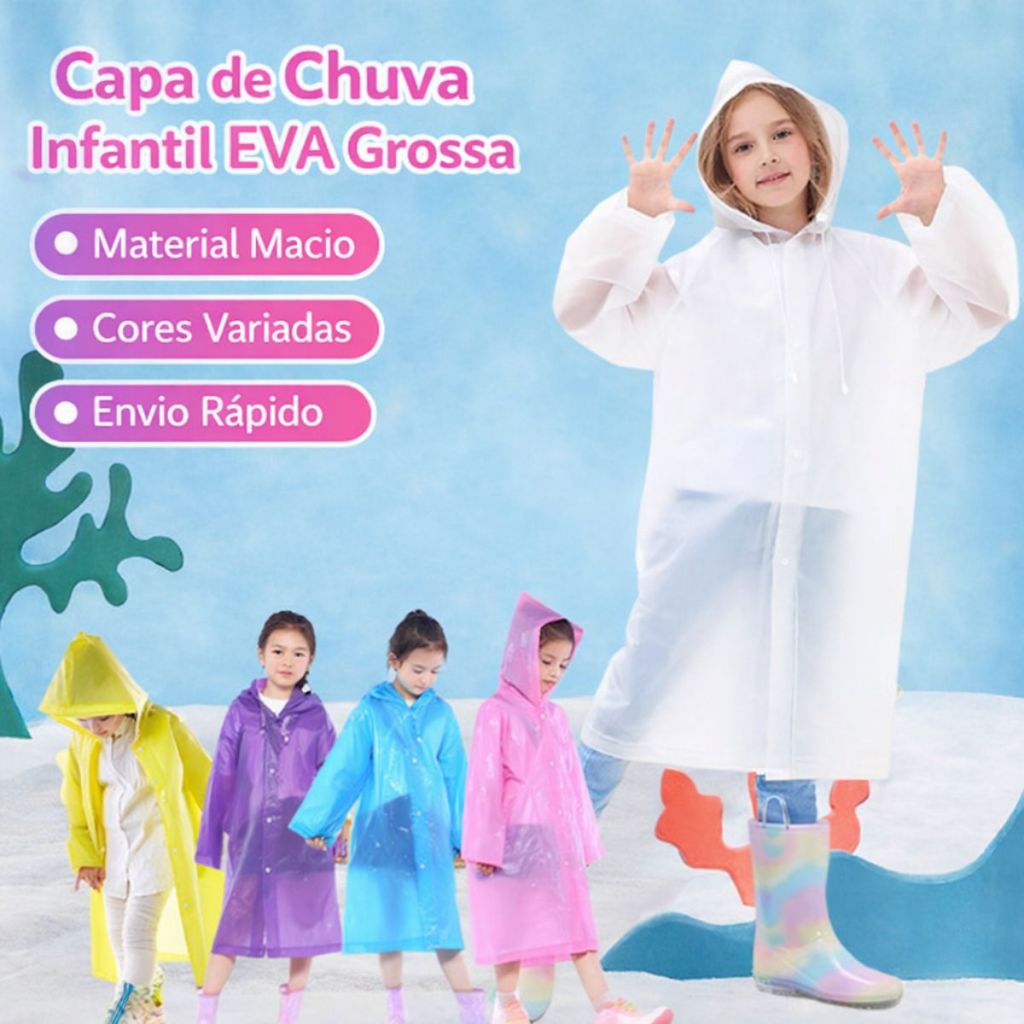 Capa de Chuva Infantil EVA 16 Fios Grossa Impermeável Reutilizável Com Capuz Escolar