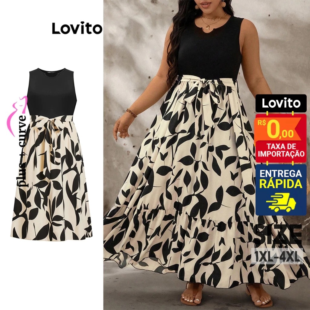 Lovito Vestido Plus Size Rodado Estampado Feminino DRB15BR490 em Oferta na Shopee