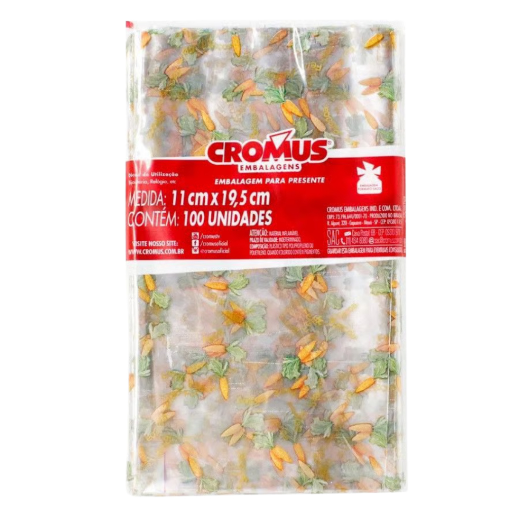 100 un Saquinho Páscoa Cromus 11x19,5 cm Transparente Coelho Chocolate Cenoura Estampas Variadas