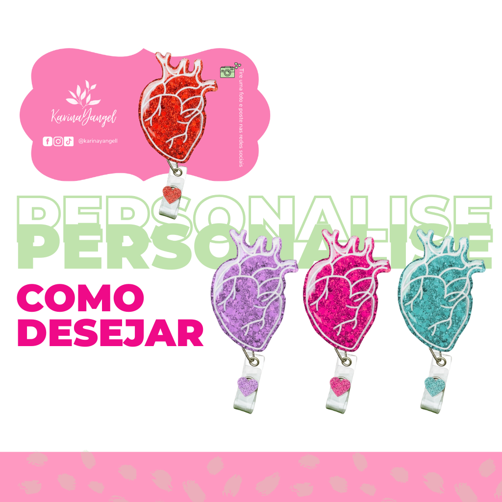 Porta Crachá Personalizado em Resina Coração – Roller Clip Retrátil com Brilho Roller Clip Button