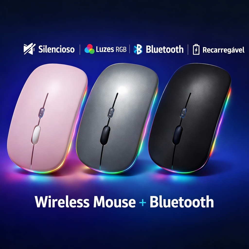 Mouse Sem Fio Bluetooth Recarregavel Ergonomico Rgb Led Silencioso Wireless em Oferta na Shopee