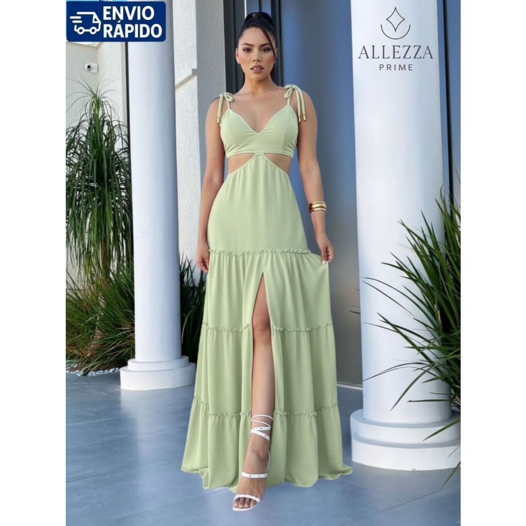 Vestido Longo Feminino Detalhe Abertura Vazado Recortes Fenda Verão em Oferta na Shopee