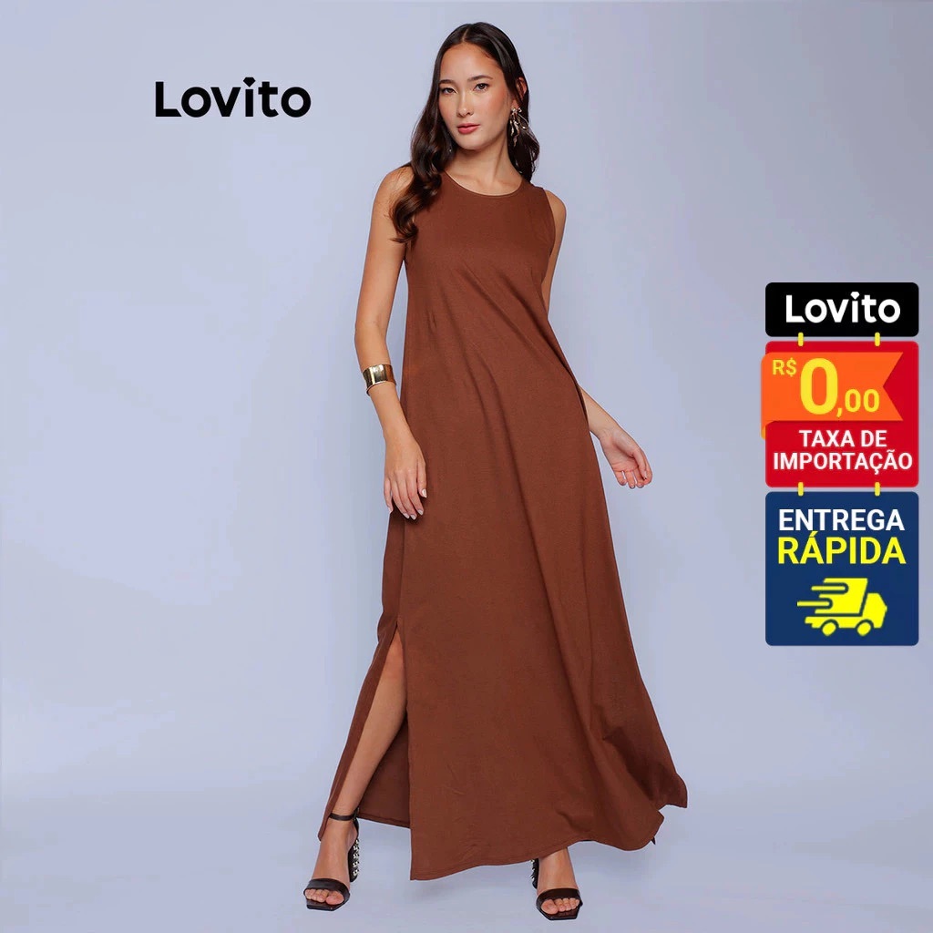 Lovito Vestido Regata Longo Marrom com Fenda Basico Feminino DRB947BRL977 em Oferta na Shopee