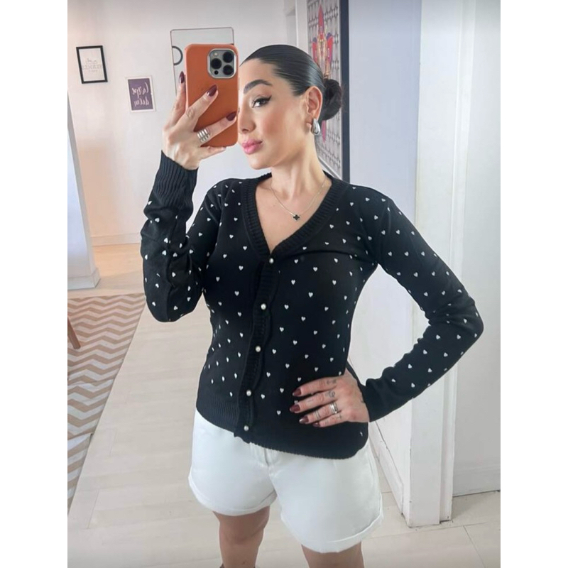 Blusa De Frio Feminino Cardigan Lã Tricô Com Bortão Estampado De Coração E Bolinha em Oferta na Shopee