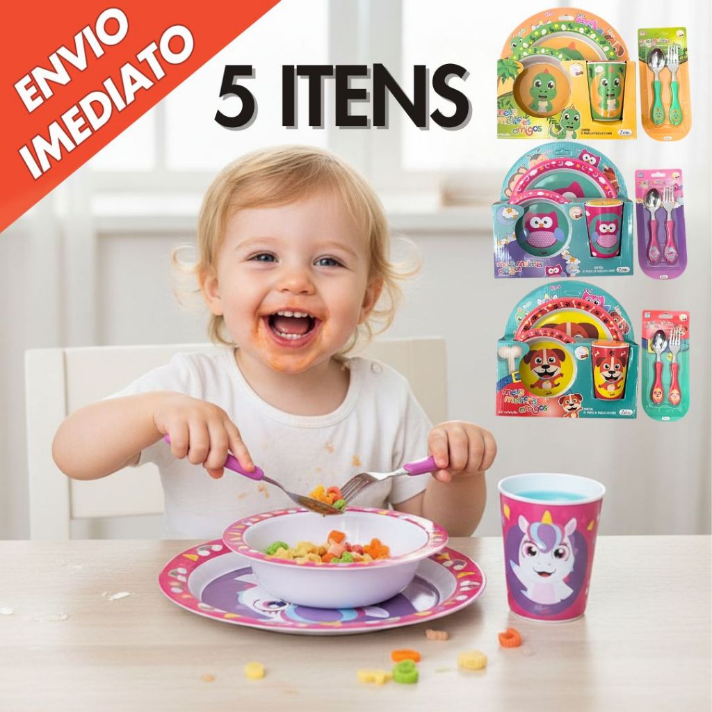 Kit Refeição Alimentação Infantil 3 ou 5 Peças Prato Tigela Copo Kit 2 Talheres para Alimentação