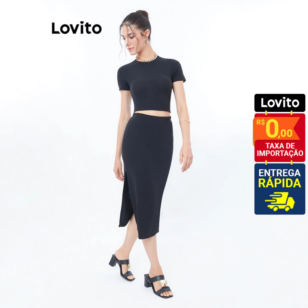 Lovito Conjunto de Top Cropped e Saia Midi com Fenda Preto Basico Feminino KSB298BRL327
