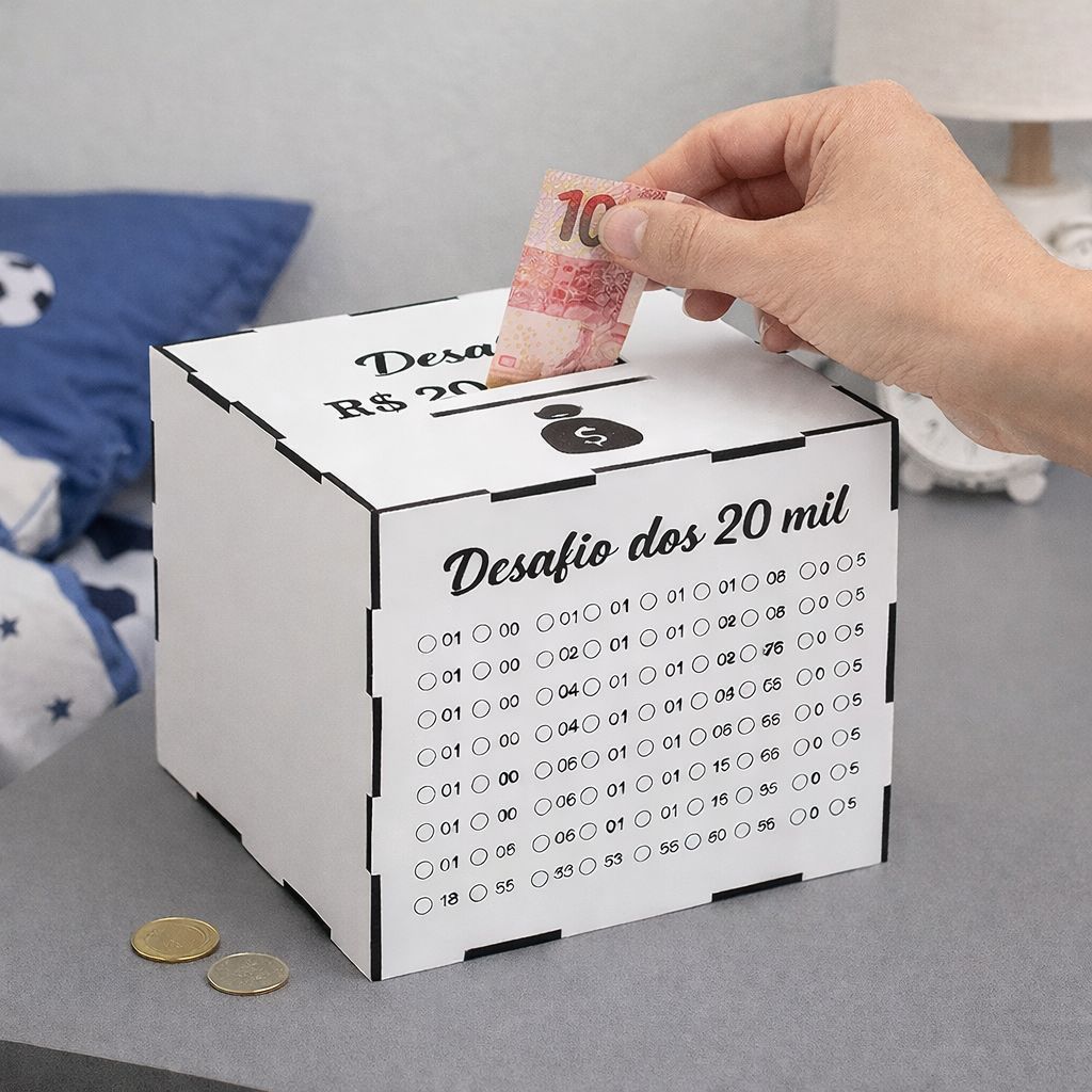 Cofre Depósitos Poupança Desafio 1 Mil 10 Mil 20 Mil Caixa de Dinheiro 15x15cm