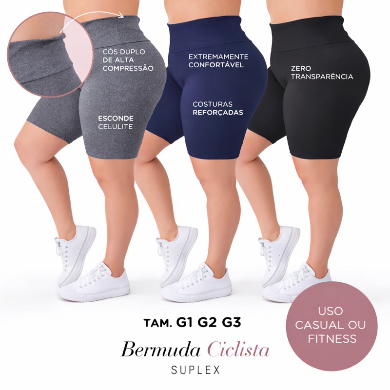 Kit 3 Bermudas Plus Size Feminina Suplex Cintura Alta em Oferta na Shopee