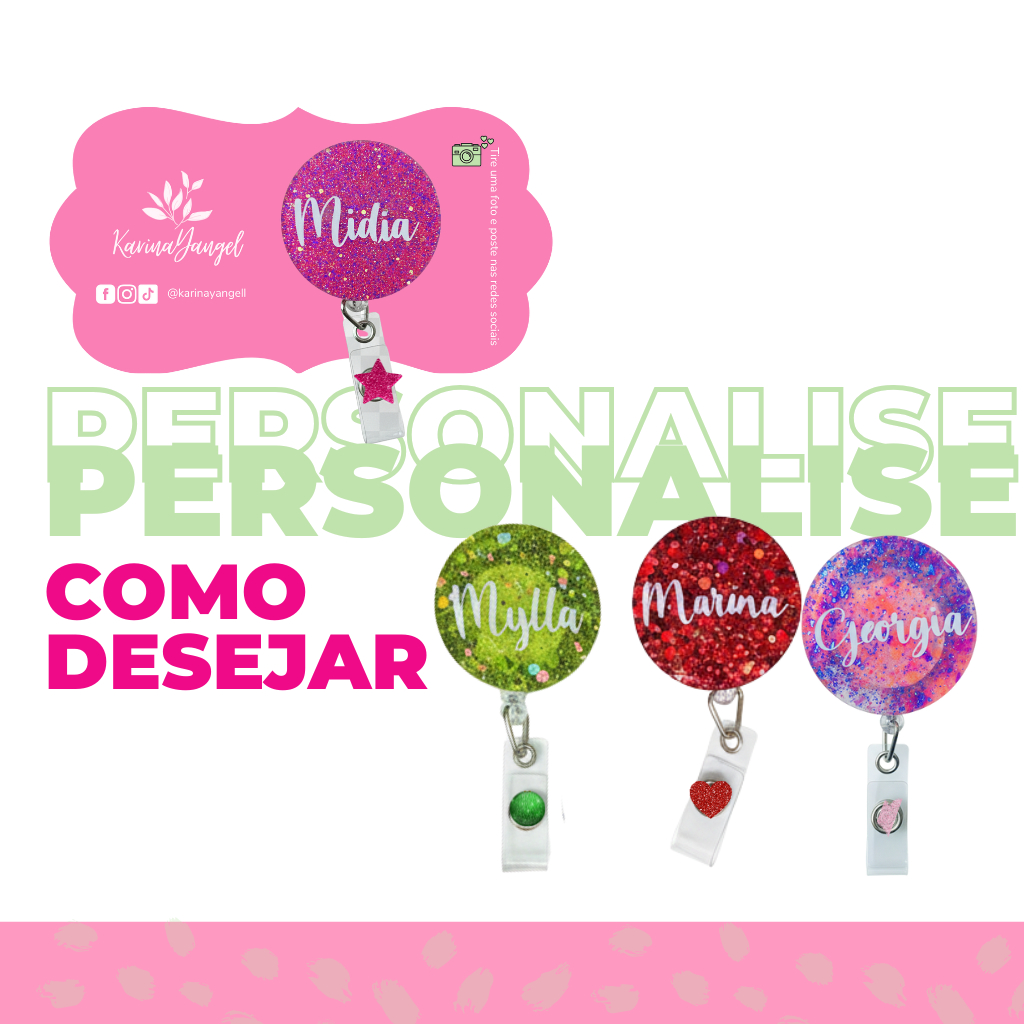 Porta Crachá Redondo em Resina Personalizado – Roller Clip Retrátil com Brilho Roller Clip Button