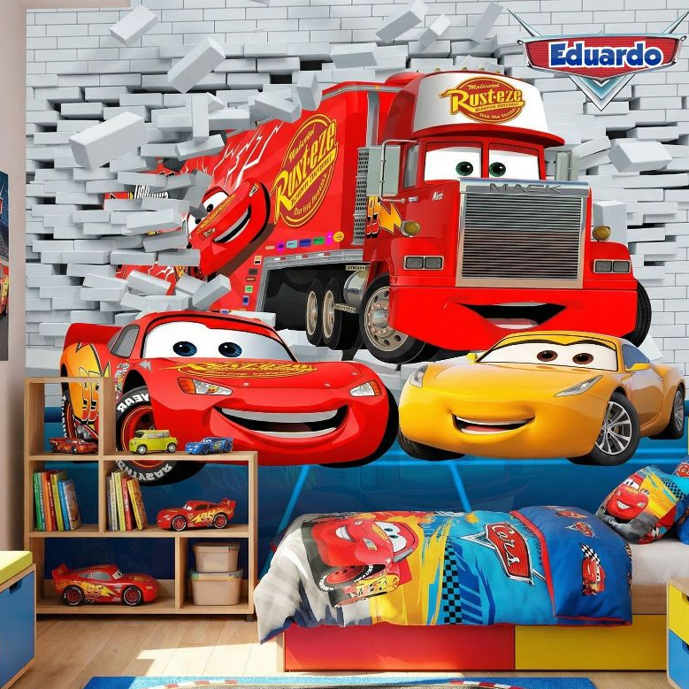 Papel de Parede Tema Carros Relampago Macqueen  para quarto de menino + Nome  M² parede total
