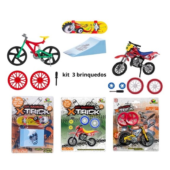 kit 3 brinquedos skate dedo com rampa +moto trilha de dedo + bicicleta de dedo presente