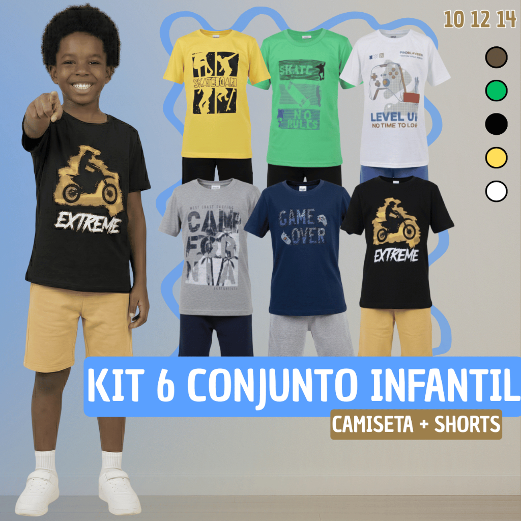 Kit 6 Conjunto Infantil Masculino Shorts + Blusa 10 12 14 Calor Praia Levinho Criança Premium Top