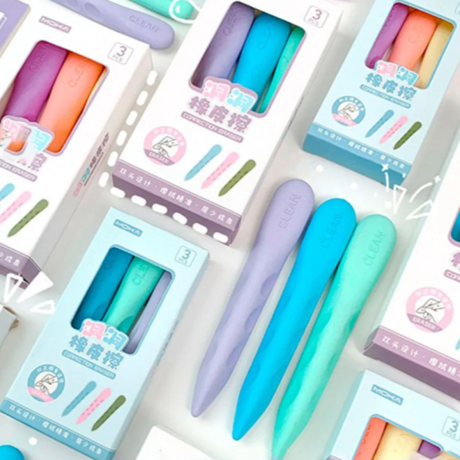 Borracha Multicolor Formato Caneta S/Deixar Marcas Escolar 3 peças