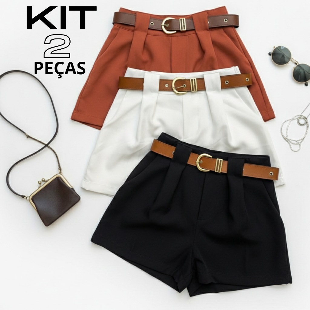 Kit 2 Shorts Femininos Alfaiataria Social Cintura Alta com Cinto – Elegante e Confortável | Promoção em Oferta na Shopee